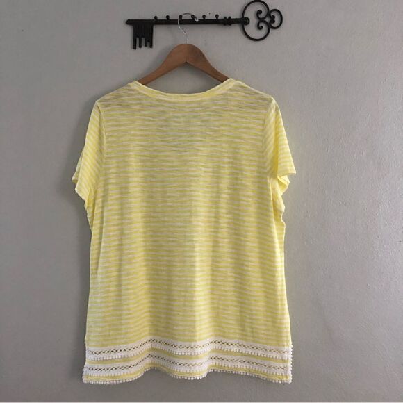 Talbots cotton blend yellow and white striped lattice lace V neck 2X tee shirt - Picture 6 of 7